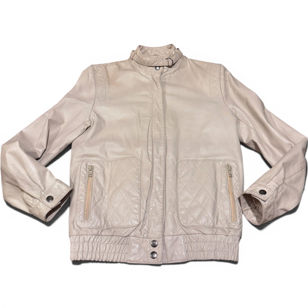Vintage Cream Leather Bomber Jacket Quilted Pockets Moto Cafe Racer Moto 1980s